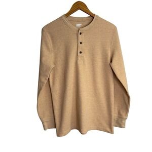 Lands End Mens Shirt Small Beige Thermal Henley Waffle Knit Long Sleeve Stretch